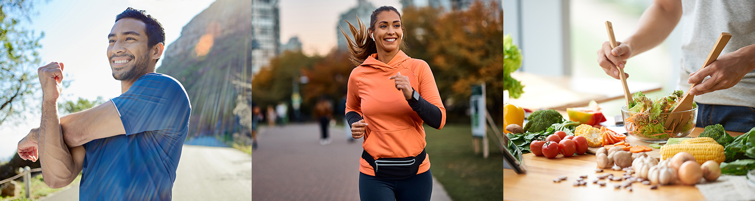 series of 3 images, one depicting a man stretching, one depicting a woman running, and one depicting a person preparing a salad