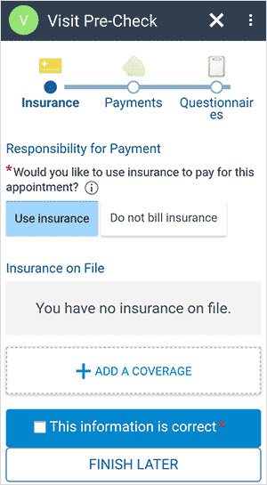 Visit precheck insurance check screenshot