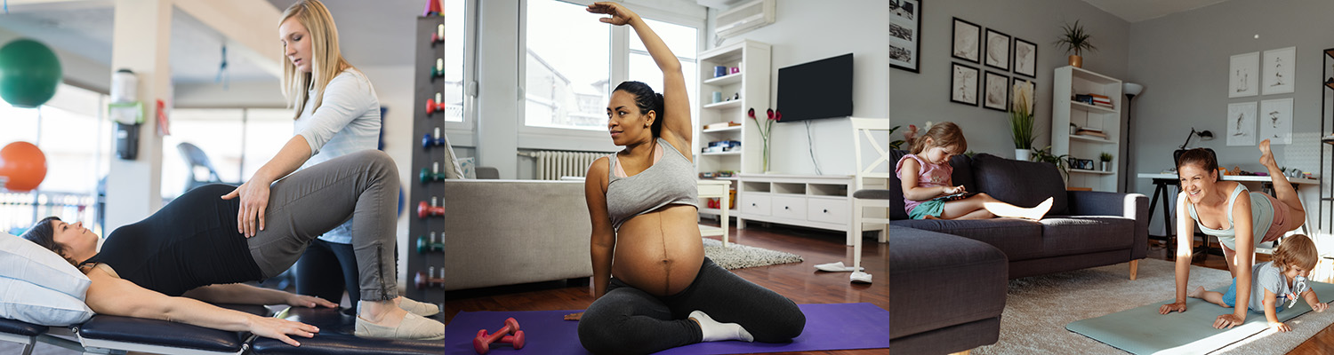 2 photos of pregnant women exercising and one photo of a woman exercising at home with her children around