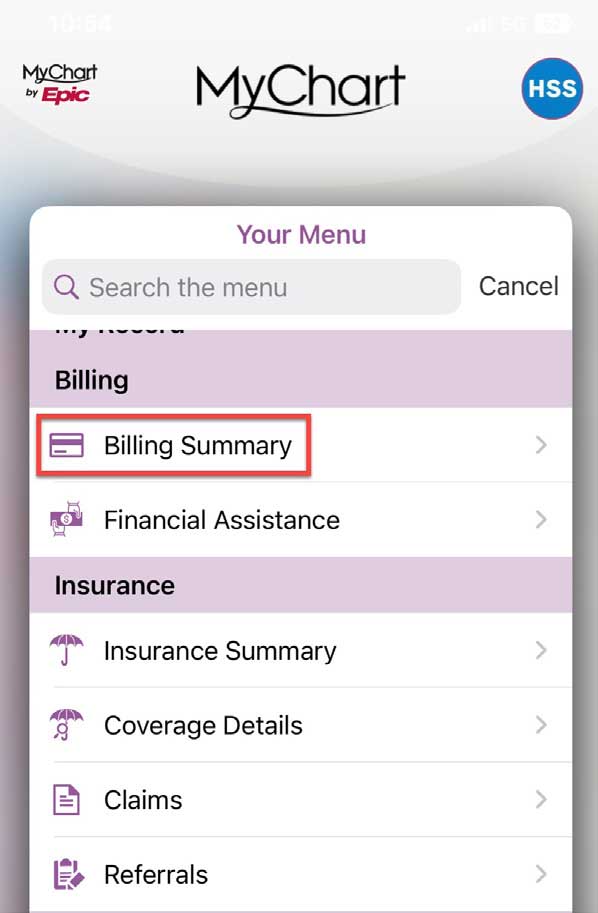 MyHSS / MyChart billing summary
