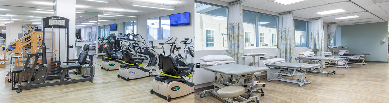 Two photos side-by-side, one showing the Orthopedic Physical Therapy Center gym and one showing the manual therapy treatment area