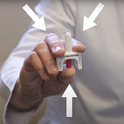 Nalaxone (Narcan) nasal spray pressing operation.
