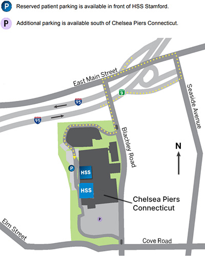 Map showing HSS Stamford parking location at rear of building at 1 Blachley Road, Stamford, CT 06902. Make the first right just after the gatehouse/security booth.