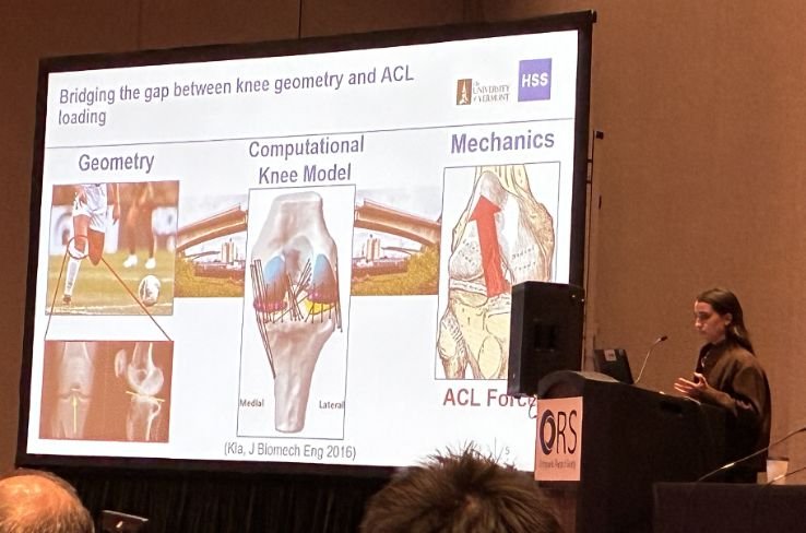 Post-bac researcher Isabella Gomez-Hjerthen presenting her study comparing ACL forces in male vs. female high-risk athletes.